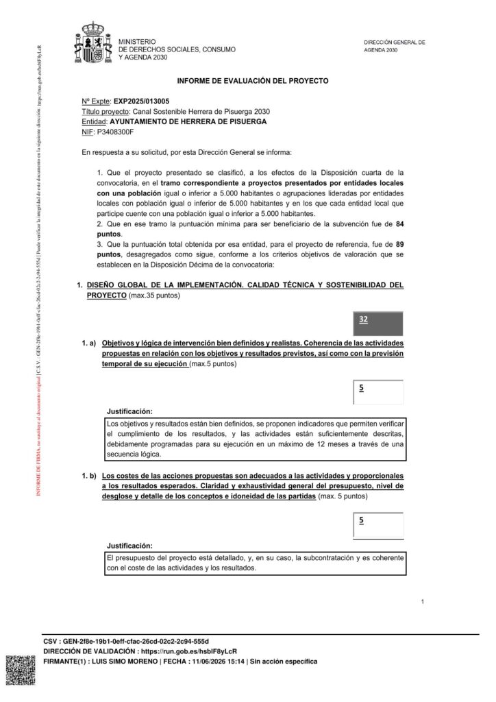 Primera página del informe oficial de evaluación del proyecto Canal Sostenible Herrera de Pisuerga 2030 emitido por la Dirección General de Agenda 2030.