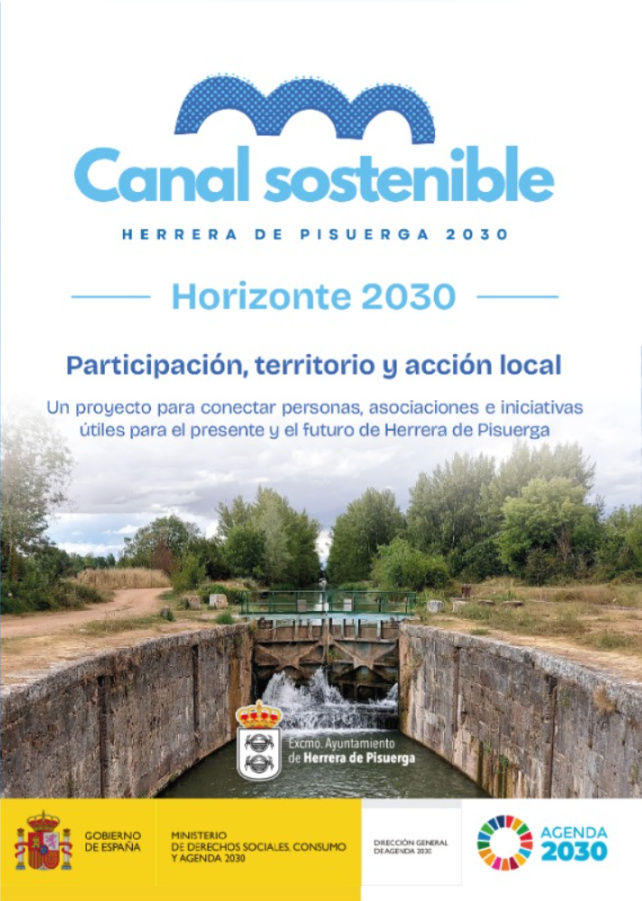 Cartel de Canal Sostenible Herrera de Pisuerga 2030 sobre una imagen del Canal de Castilla, con el lema Participación, territorio y acción local y los logotipos institucionales del proyecto.