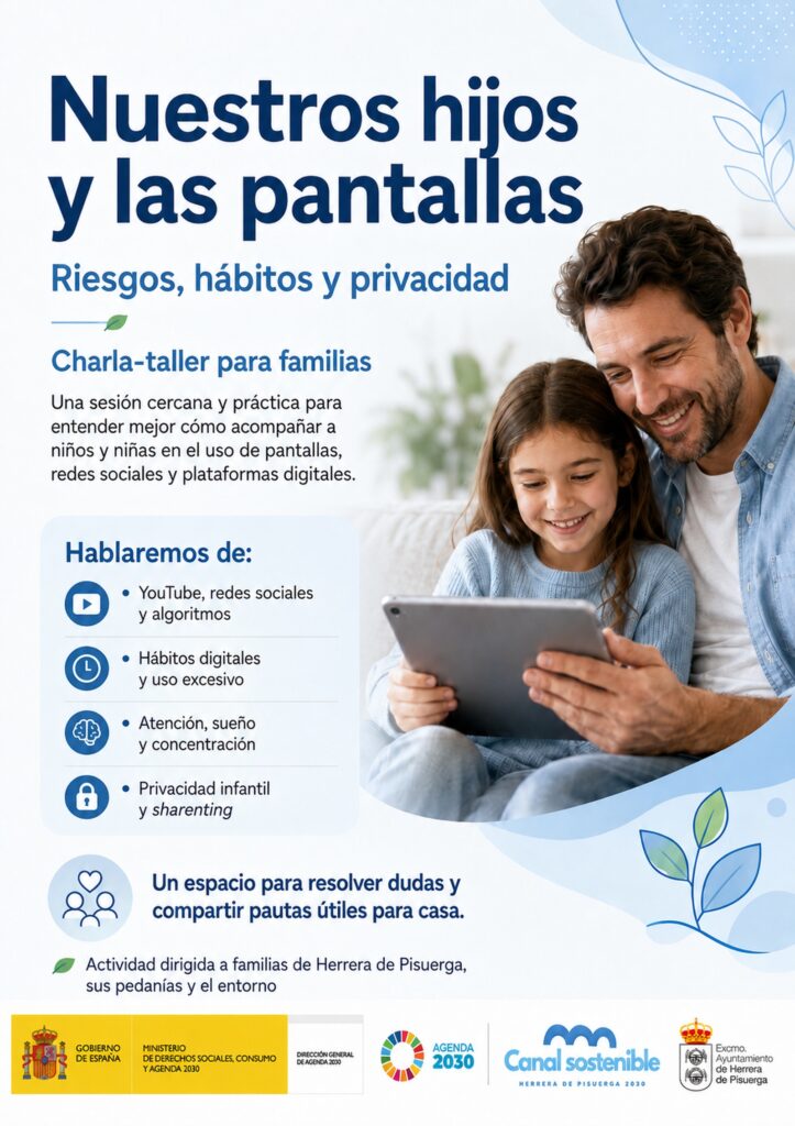 Cartel de la charla-taller «Nuestros hijos y las pantallas», dirigida a familias de Herrera de Pisuerga para abordar redes sociales, hábitos digitales, atención y privacidad infantil.